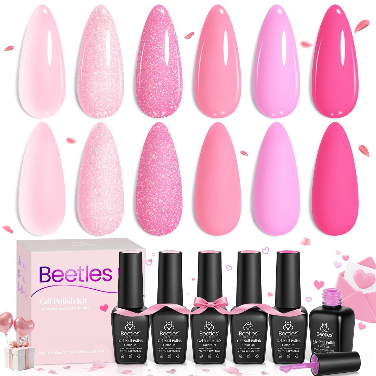 Beetles Pink Gel Nail Polish Set – 6 Pink Shades, Soak-Off UV/LED