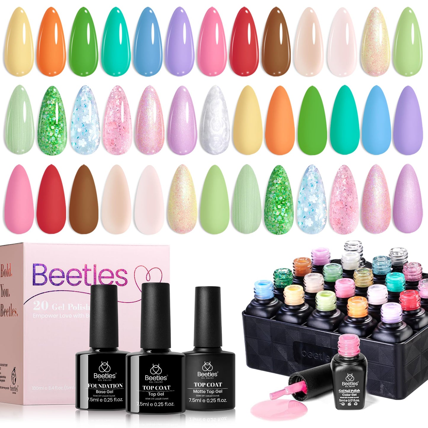 Beetles Gel Nail Polish Set – 20 Pastel Colors with Glossy & Matte Top & Base Coats