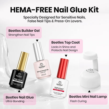 Beetles Gel Polish 4Pcs 15ml HEMA-Free Nail Tips Glue Kit with Builder Gel, No Wipe Top Coat & Portable Nail Lamp