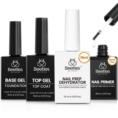 Beetles 4Pcs Gel Nail Prep Set: Base Coat, Top Coat, Dehydrator & Primer (Acid-Free, HEMA-Free) for Gel & Acrylic – Long-Lasting Professional Prep