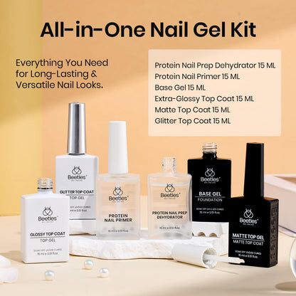 Beetles 6-Pcs 15ml Glossy & Matte Gel Top & Base Coat Set with Dehydrator, Keratin Primer, Acid-Free & HEMA-Free