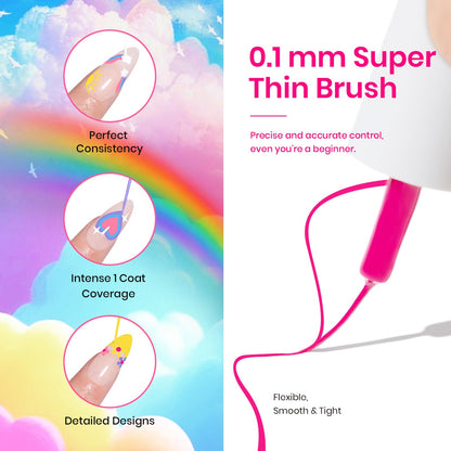 Beetles Rainbow Gel Liner Set – 12 Neon Colors for Nail Art with Built-In Thin Brush