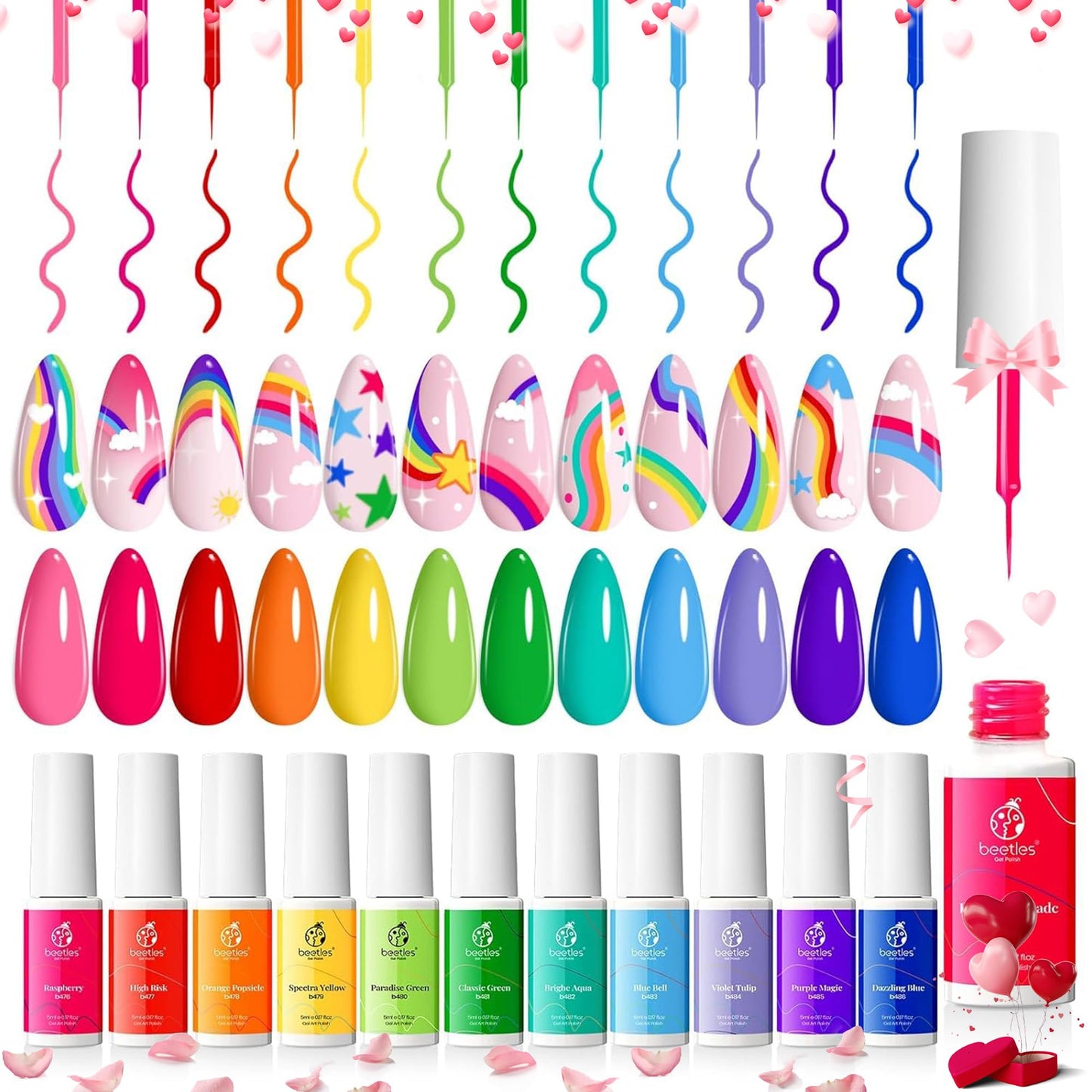 Beetles Rainbow Gel Liner Set – 12 Neon Colors for Nail Art with Built-In Thin Brush