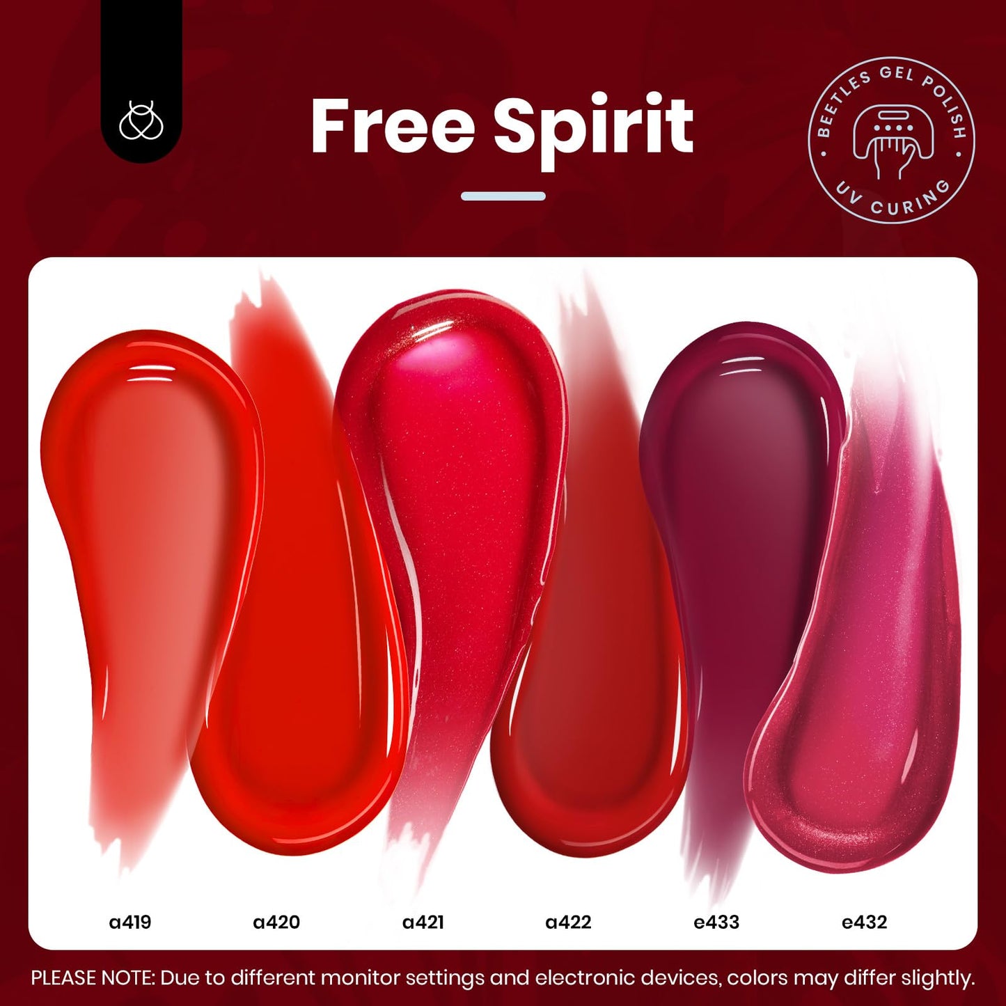 Beetles Red Gel Nail Polish Set – 6 Shimmer Burgundy Reds, 15ml Each | UV Soak-Off Kit