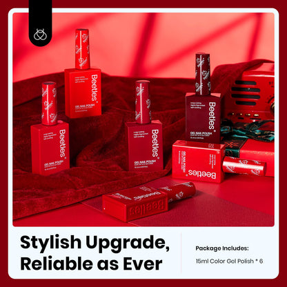 Beetles Red Gel Nail Polish Set – 6 Shimmer Burgundy Reds, 15ml Each | UV Soak-Off Kit