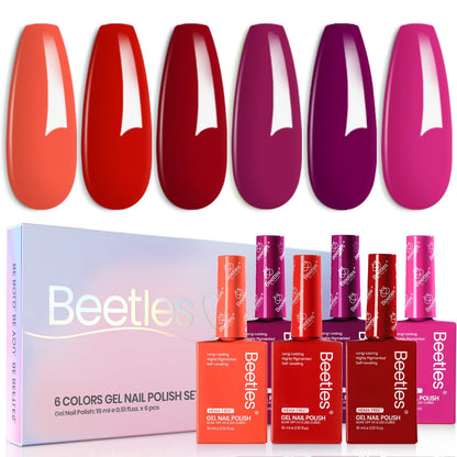 Beetles Red Pink Gel Polish Set - 6 HEMA-Free Colors, 15ml UV LED