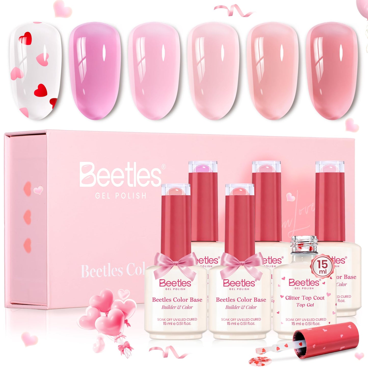 Beetles Rubber Base Gel Nail Polish + Top Coat – Valentine Limited Edition (5 Colors)