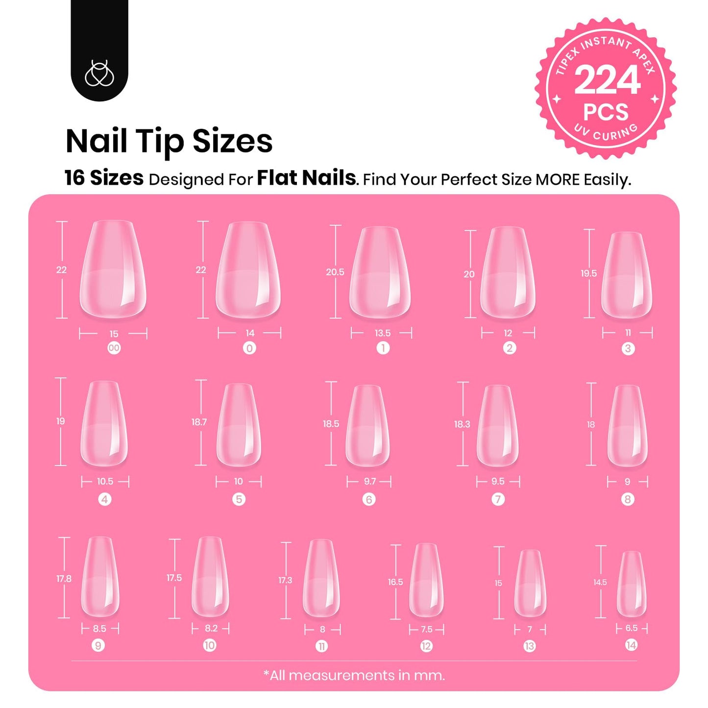 Beetles Tipex Gel Nail Kit Short Coffin – 224 Pcs, 16 Sizes, Glue & Mini UV Lamp