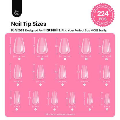 Beetles Tipex Gel Nail Kit Short Coffin – 224 Pcs, 16 Sizes, Glue & Mini UV Lamp