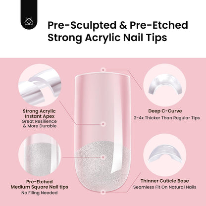 Beetles Tipex Instant Apex Nail Tips | Medium Square, Pre-Built & Pre-Etched, Half Matte Finish, 192 Pcs, 16 Sizes