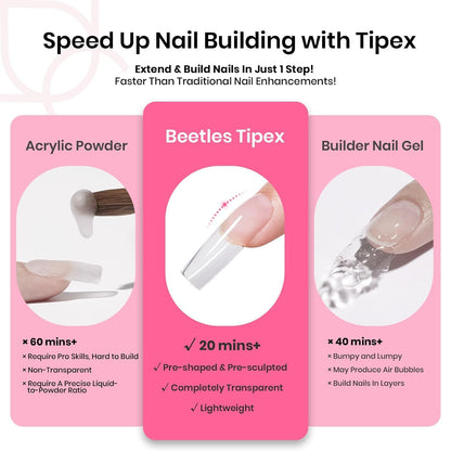 Beetles Tipex Nail Tips Kit Long Square – 224 Pcs, 16 Sizes, Pre-Etched Thick Tips, Mini UV Lamp & Glue