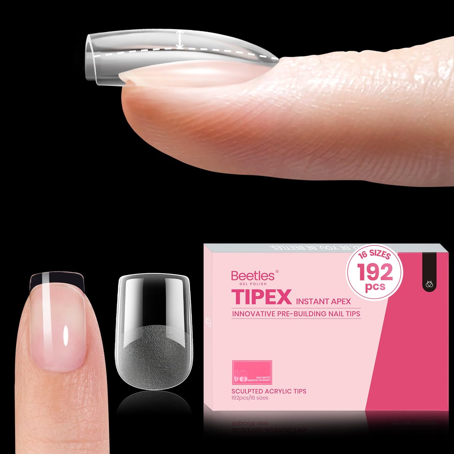 Beetles Tipex Instant Apex Nail Tips – Extra Short Squoval, 192Pcs, 16 Sizes