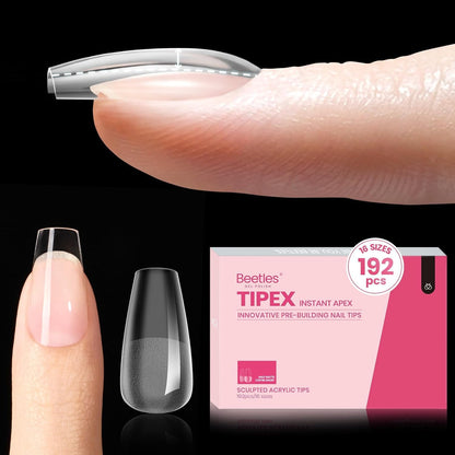 Beetles Tipex Instant Apex Short Coffin Nail Tips – 192pcs, 16 Sizes, Pre-Built & Pre-Etched
