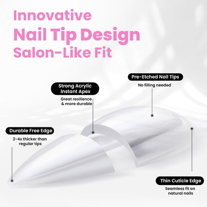 Beetles Tipex Lite Apex Nail Tips Almond Medium | 512pcs, 16 Sizes, Pre-Built & Pre-Etched