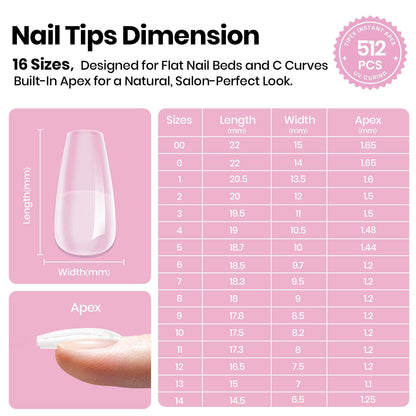 Beetles Tipex Lite Apex Nail Tips – Coffin Short, 512pcs, 16 Sizes | Pre-Built, Pre-Etched for Flat Nails & Natural C-Curves