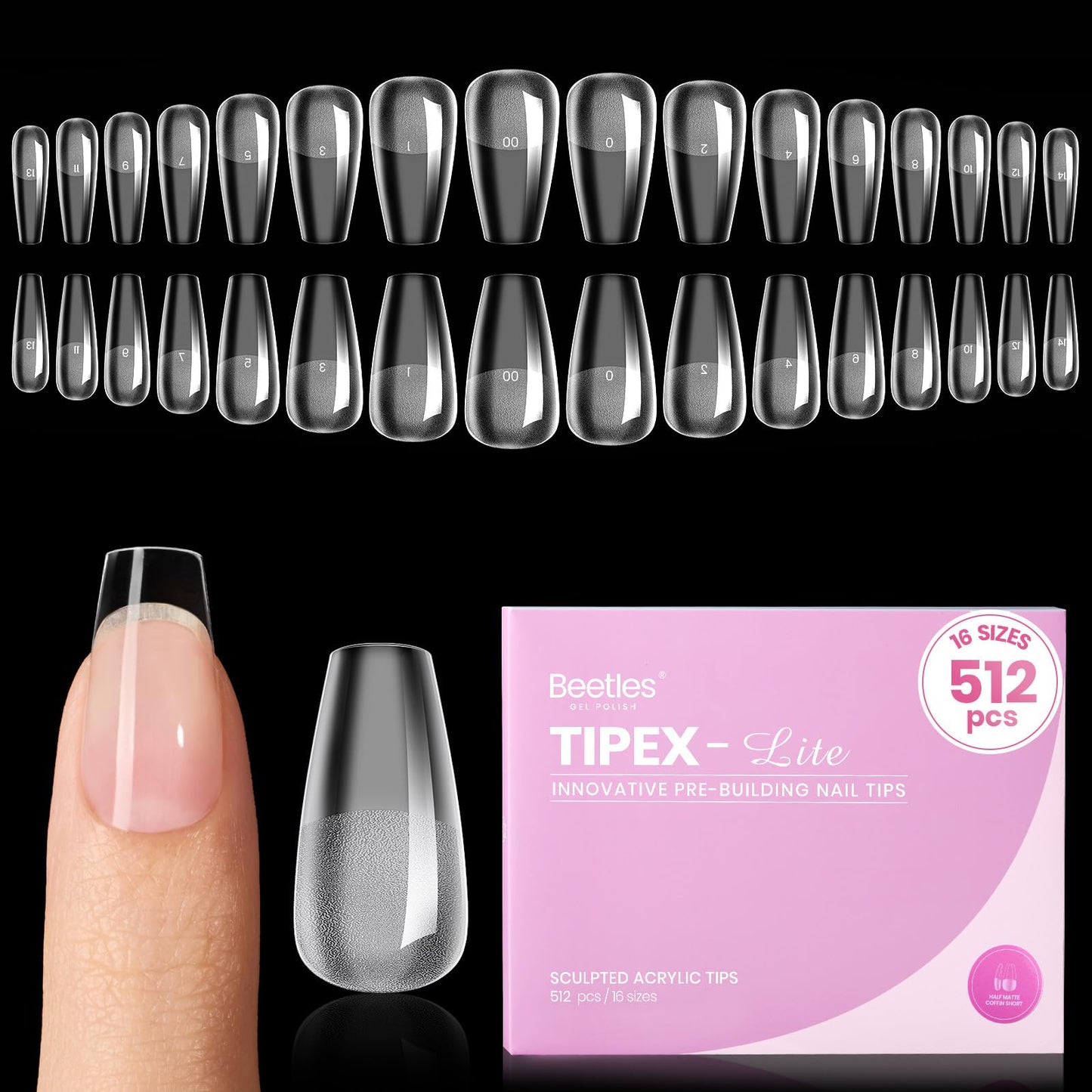 Beetles Tipex Lite Apex Nail Tips – Coffin Short, 512pcs, 16 Sizes | Pre-Built, Pre-Etched for Flat Nails & Natural C-Curves