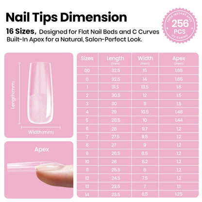 Beetles Tipex Lite Apex Nail Tips – Square Long, 256pcs, 16 Sizes (00–14)