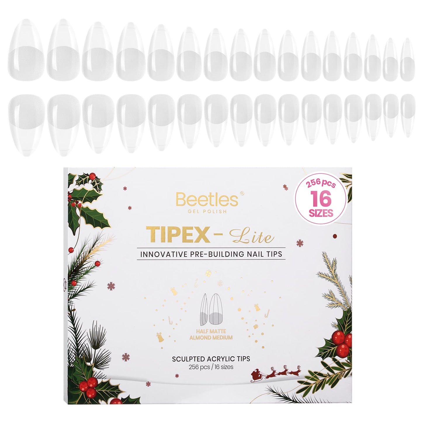 Beetles Tipex Lite Apex Nail Tips – Almond Medium, 256pcs, 16 Sizes | Pre-Built & Pre-Etched for Flat Nails