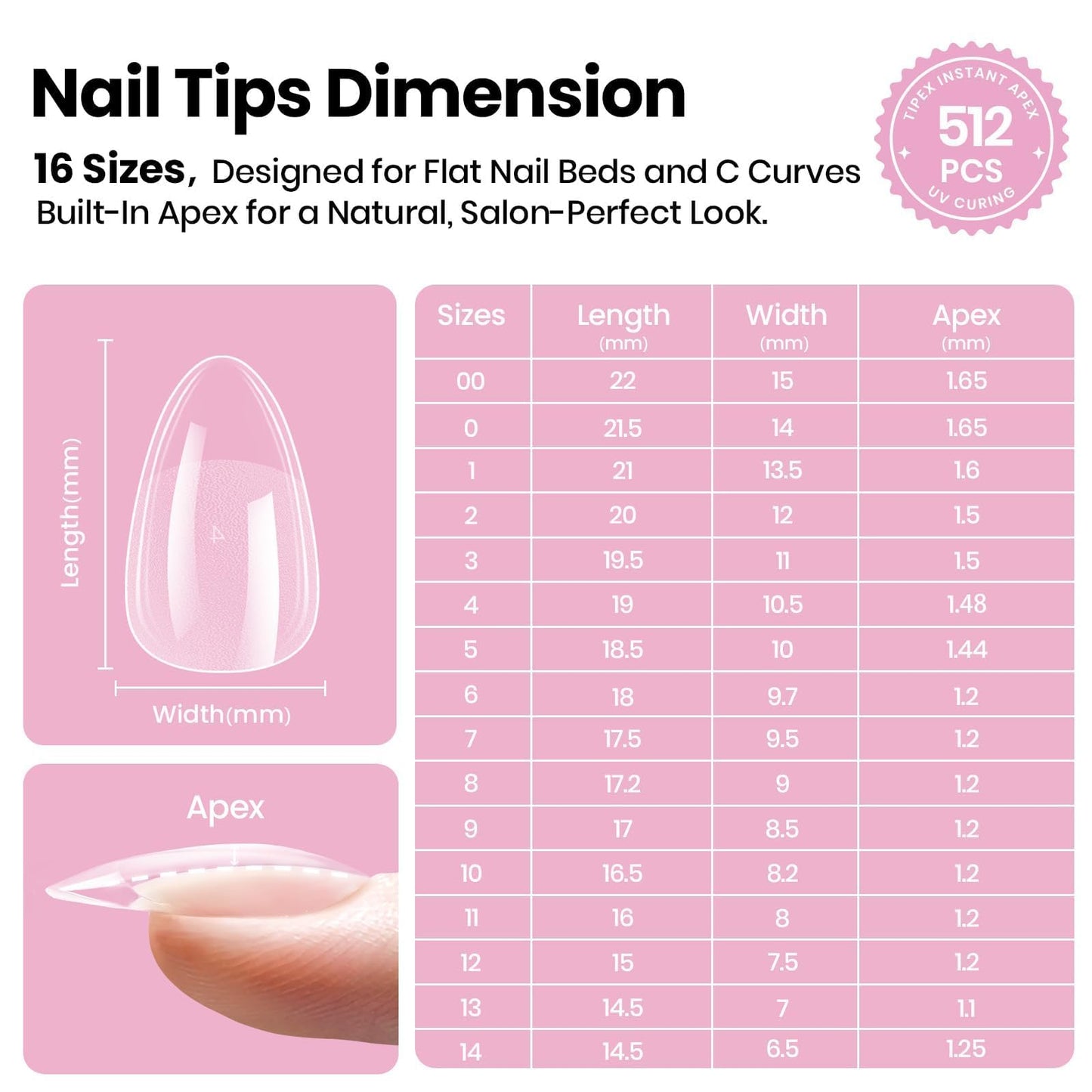 Beetles Tipex Lite Apex Nail Tips – Almond Short, 512pcs, 16 Sizes, Pre-Built & Pre-Etched