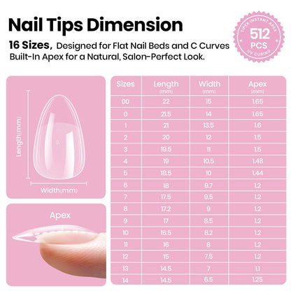 Beetles Tipex Lite Apex Nail Tips – Almond Short, 512pcs, 16 Sizes, Pre-Built & Pre-Etched