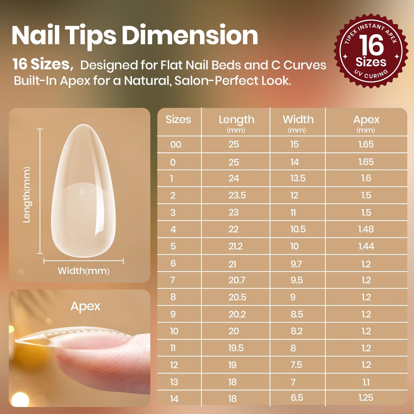 Beetles Tipex Lite Apex Nail Tips – Almond Medium, 256pcs, 16 Sizes | Pre-Built & Pre-Etched for Flat Nails
