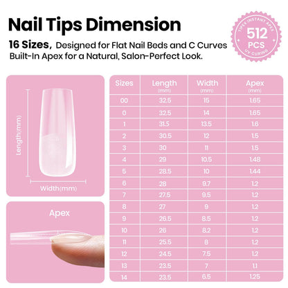 Beetles Tipex Lite Apex Nail Tips – Square Long, 512pcs, 16 Sizes, Pre-Built & Pre-Etched