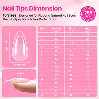 Beetles Tipex Lite Valentine’s Heart Cutout Nail Tips – Almond Medium, 256pcs, 16 Sizes