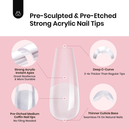 Beetles Tipex Instant Apex Nail Tips – Medium Coffin, 192 Pcs, Pre-Built & Pre-Etched