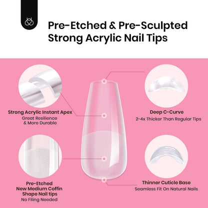 Beetles Tipex Nail Tips Kit Medium Coffin – 224 Pcs, 16 Sizes, Pre-etched, Stronger Acrylic Tips + Mini UV Lamp