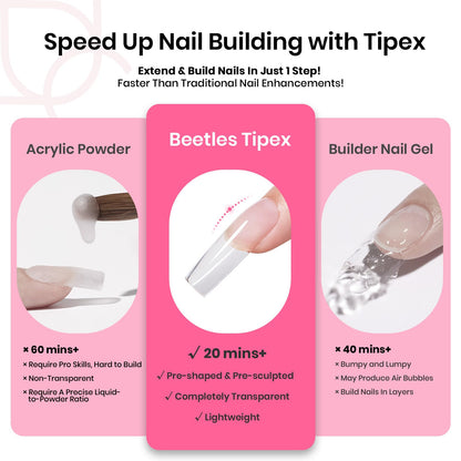 Beetles Tipex Nail Tips Kit – 224 Pre-Shaped Tips, 16 Sizes, Mini UV Lamp