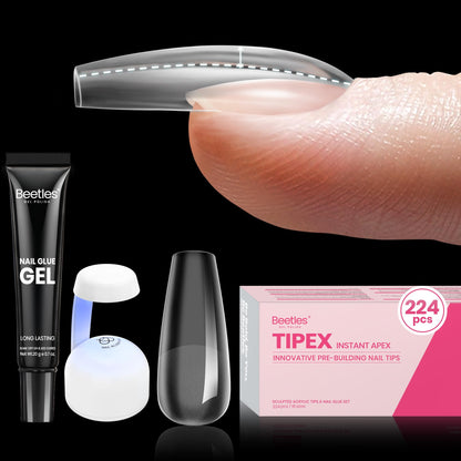 Beetles Tipex Nail Tips Kit Medium Coffin – 224 Pcs, 16 Sizes, Pre-etched, Stronger Acrylic Tips + Mini UV Lamp