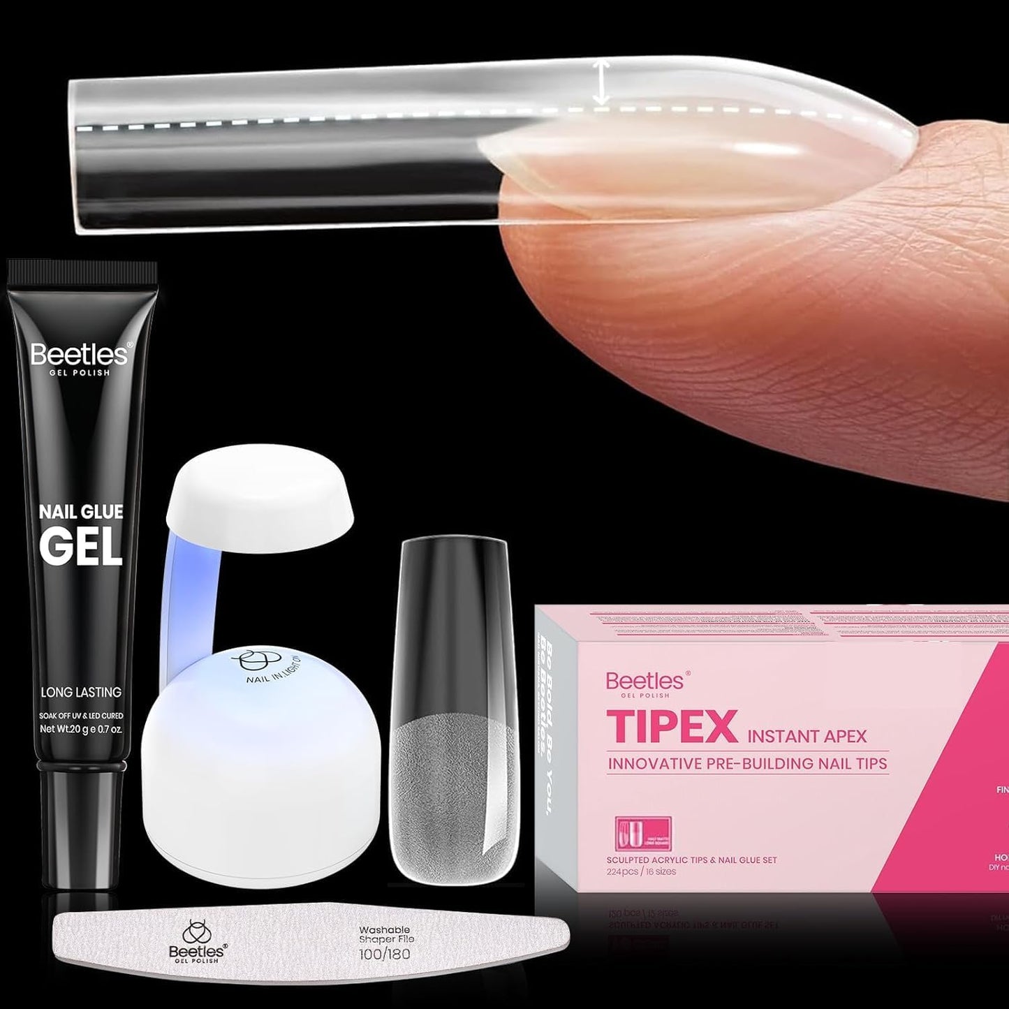 Beetles Tipex Nail Tips Kit Long Square – 224 Pcs, 16 Sizes, Pre-Etched Thick Tips, Mini UV Lamp & Glue