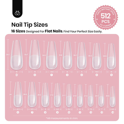 Beetles Tipex Instant Apex Nail Tips – Coffin Long, 16 Sizes, 512 Pcs, Pre-Etched & Pre-Built