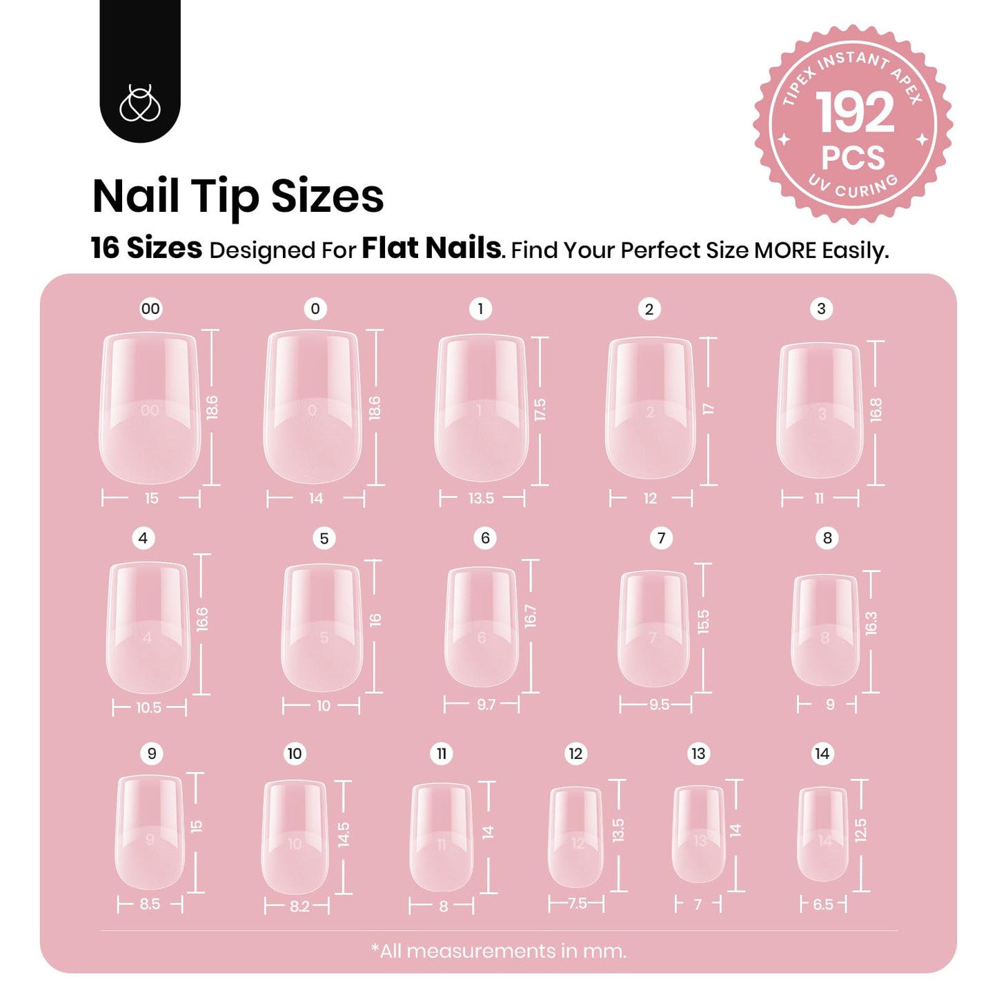 Beetles Tipex Instant Apex Nail Tips – Extra Short Squoval, 192Pcs, 16 Sizes