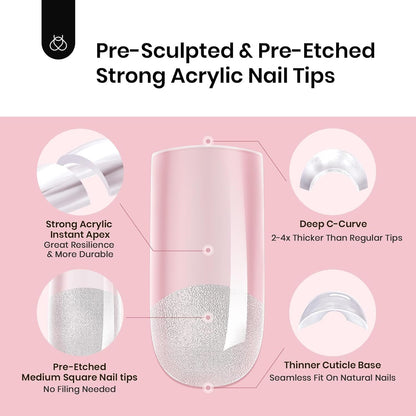 Beetles Tipex Nail Tips Kit Square Medium – 224 Pcs, 16 Sizes, Mini UV Lamp & Glue