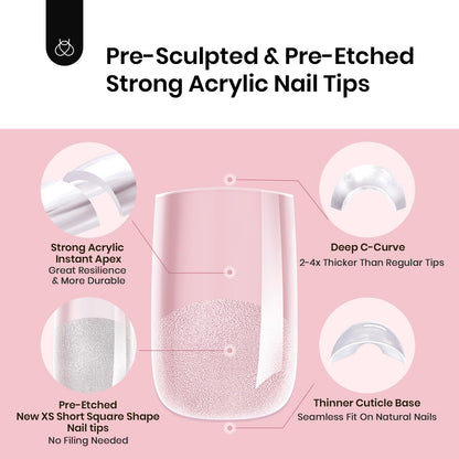 Beetles Tipex Instant Apex Nail Tips – Extra Short Square, 192 Pcs, Pre-Built & Pre-Etched, 16 Sizes