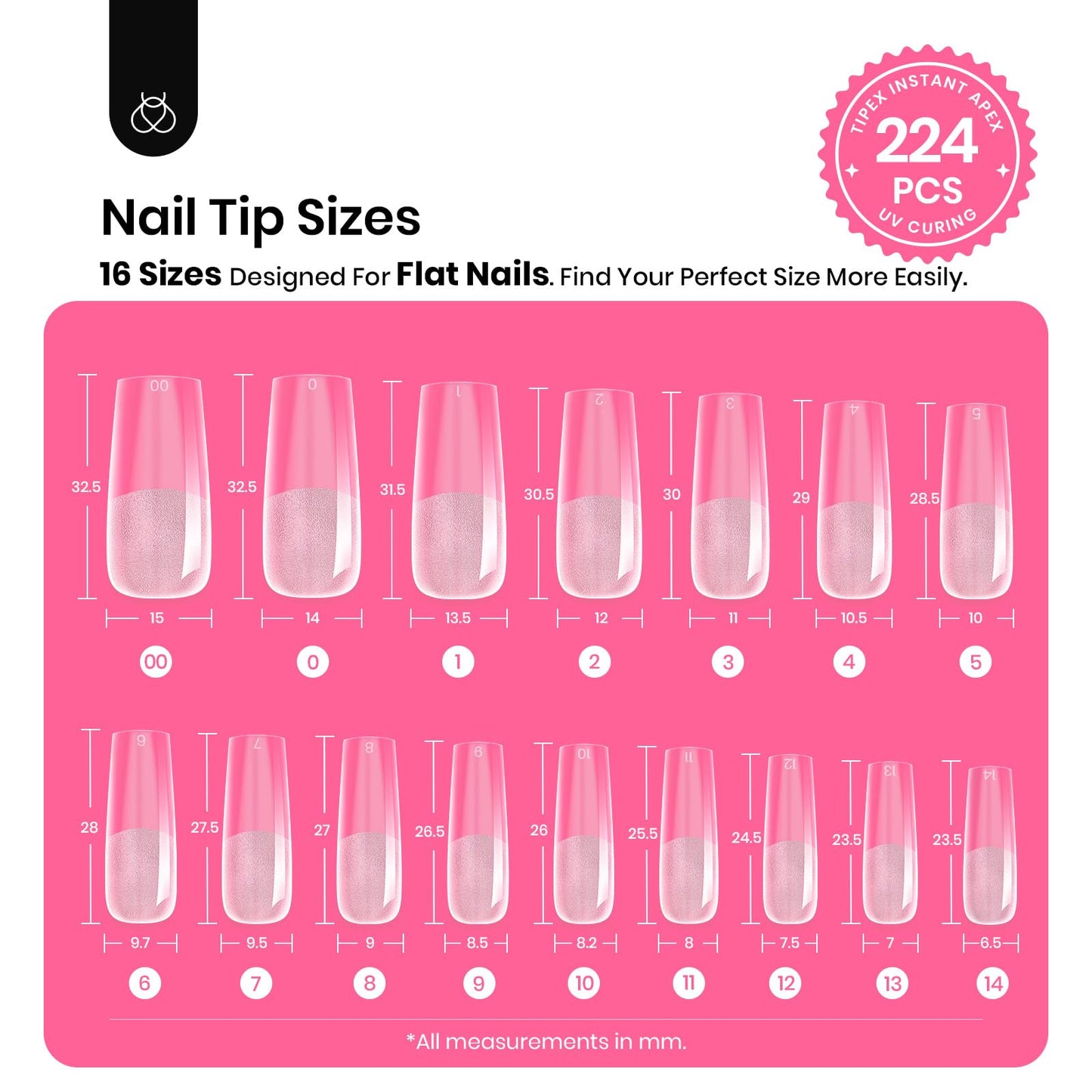 Beetles Tipex Nail Tips Kit – 224 Pre-Shaped Tips, 16 Sizes, Mini UV Lamp