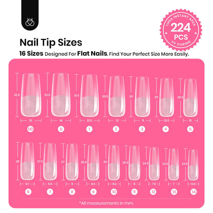 Beetles Tipex Nail Tips Kit – 224 Pre-Shaped Tips, 16 Sizes, Mini UV Lamp