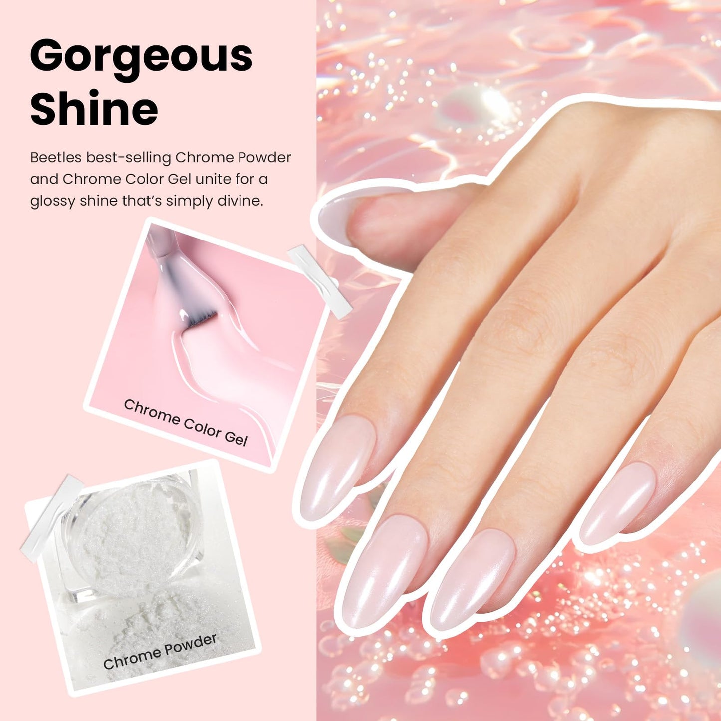 Beetles Chrome Nail Powder Gel Polish Kit – Pearl Glazed Donut Mirror Finish with Base & Top Coat