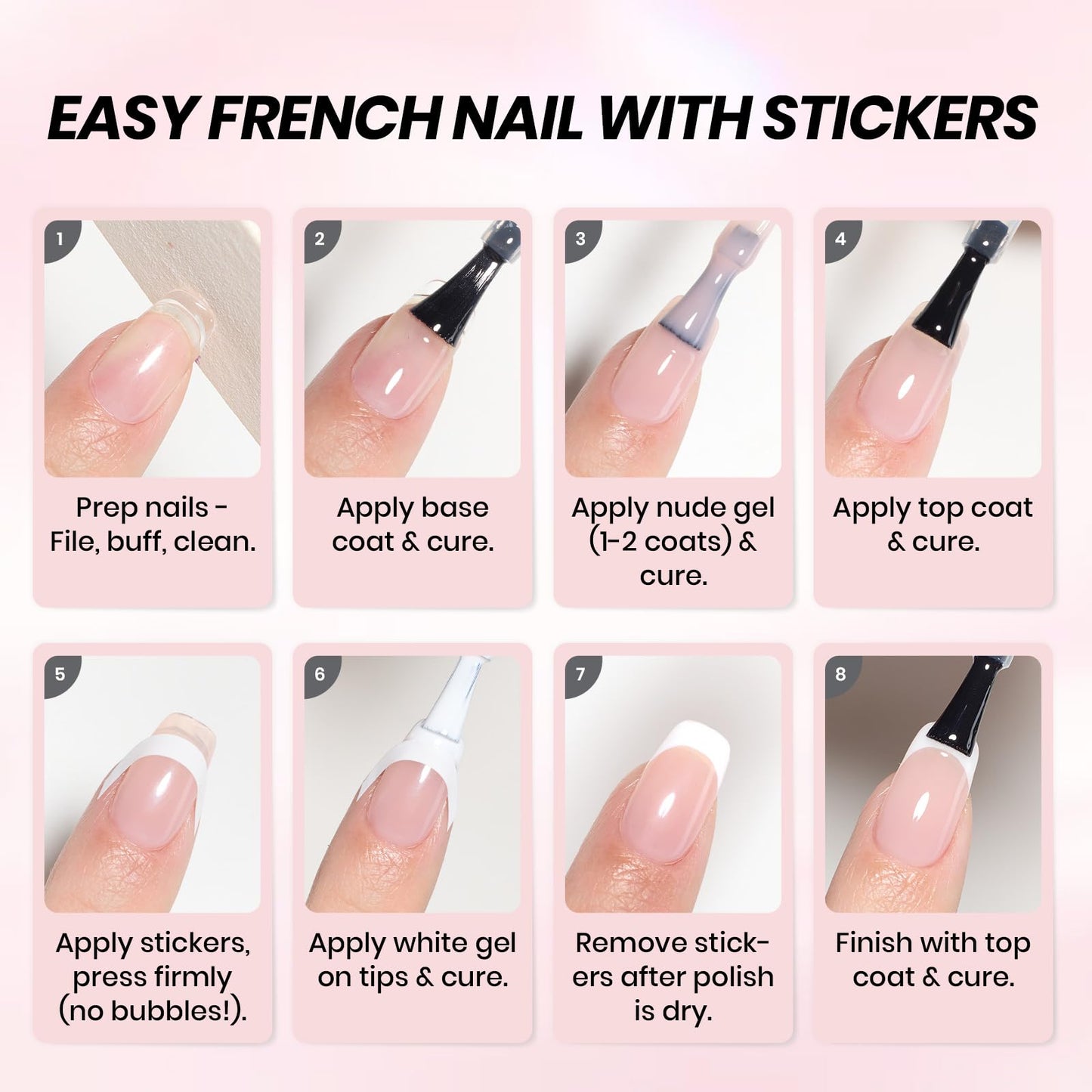 Beetles French Tip Gel Polish Set – Nude Pink & White, UV/LED Soak-Off, 2 Sticker Styles