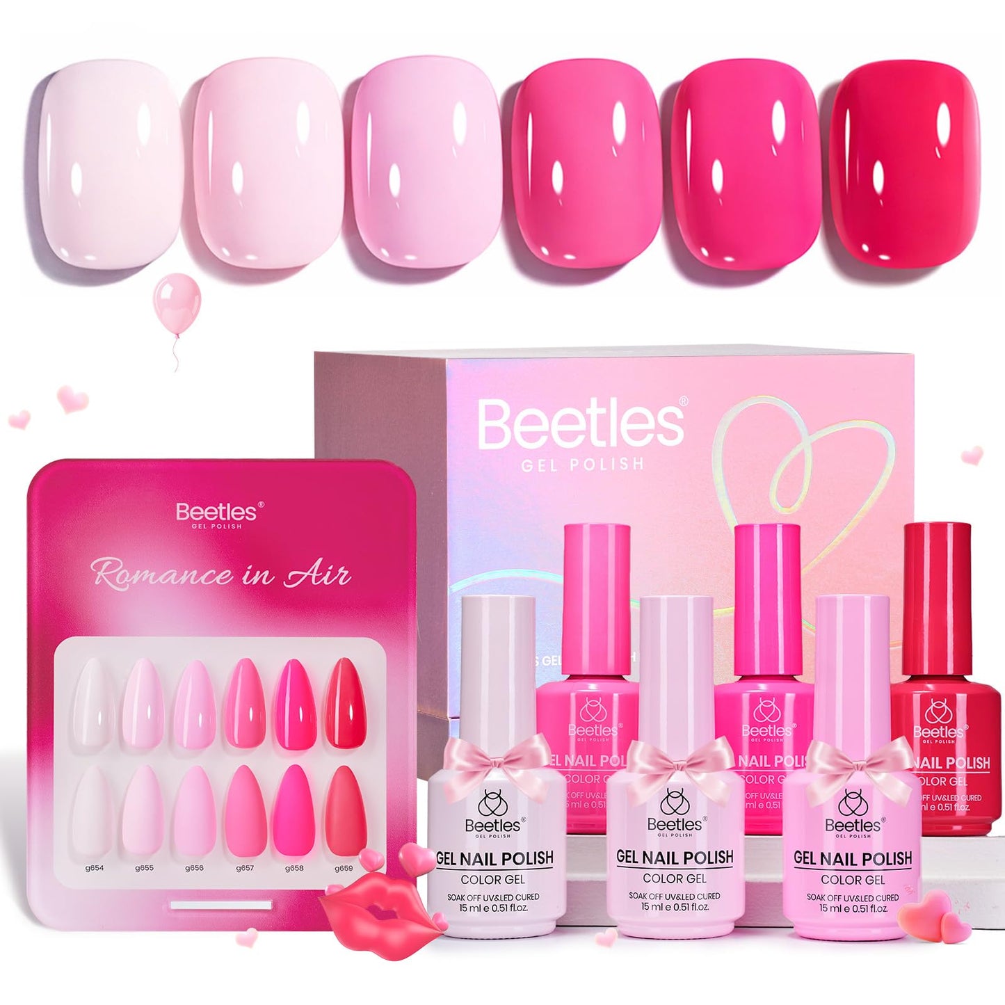 beetles Valentines Pink Gel Polish Set – Romance in Air Collection, 6-Color 15ml Soak-Off Kit