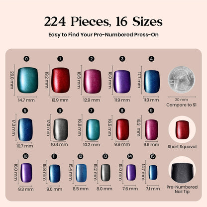Beetles X Press Cat Eye Nails – 7 Colors, 16 Sizes, 224 Pcs | Short Square Press-On Nails