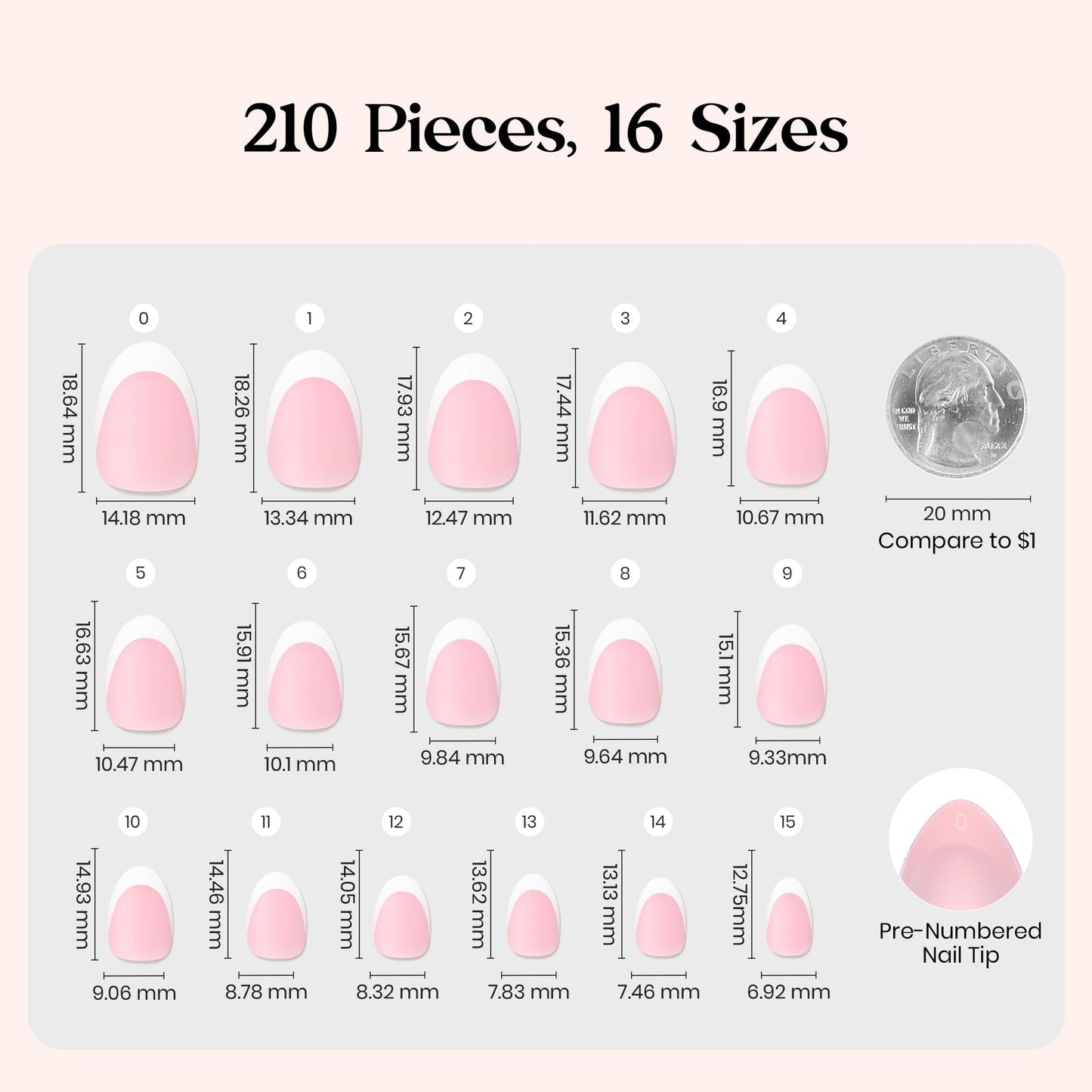 Beetles X Press Plus French Tip Nails – Petal French Pink, Ultra-Short Almond Tips | 210 Pcs, 16 Sizes