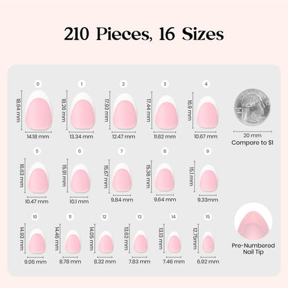 Beetles X Press Plus French Tip Nails – Petal French Pink, Ultra-Short Almond Tips | 210 Pcs, 16 Sizes