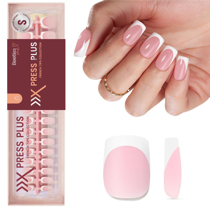 Beetles X Press Plus French Tip Nails – Camellia French, Pink Short Squoval | 224 Pcs, 16 Sizes