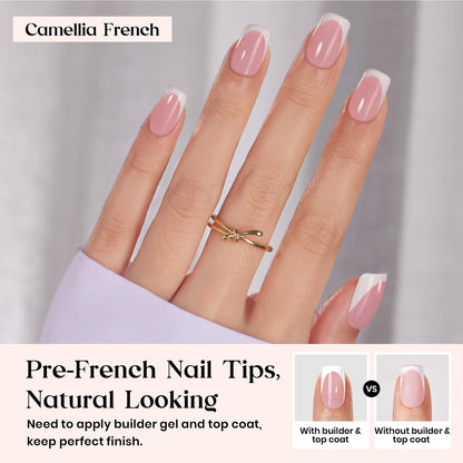 Beetles X Press Plus French Tip Nails – Camellia French, Pink Short Squoval | 224 Pcs, 16 Sizes
