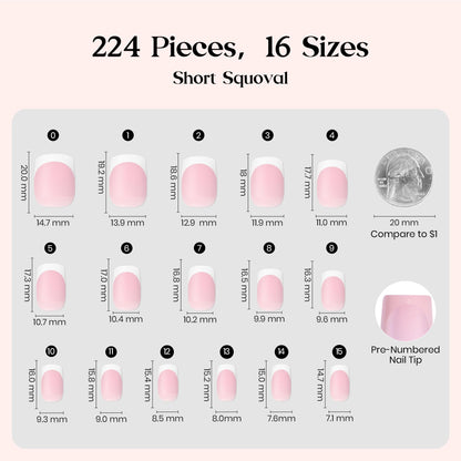 Beetles X Press Plus French Tip Nails – Camellia French, Pink Short Squoval | 224 Pcs, 16 Sizes