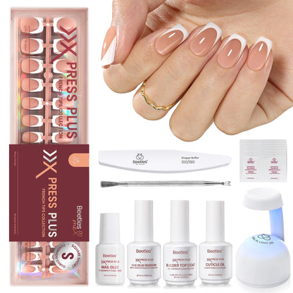 Beetles X Press Gel Nail Kit: 224 French Tip Press-On Nails + Mini UV Lamp | All-in-One DIY Manicure