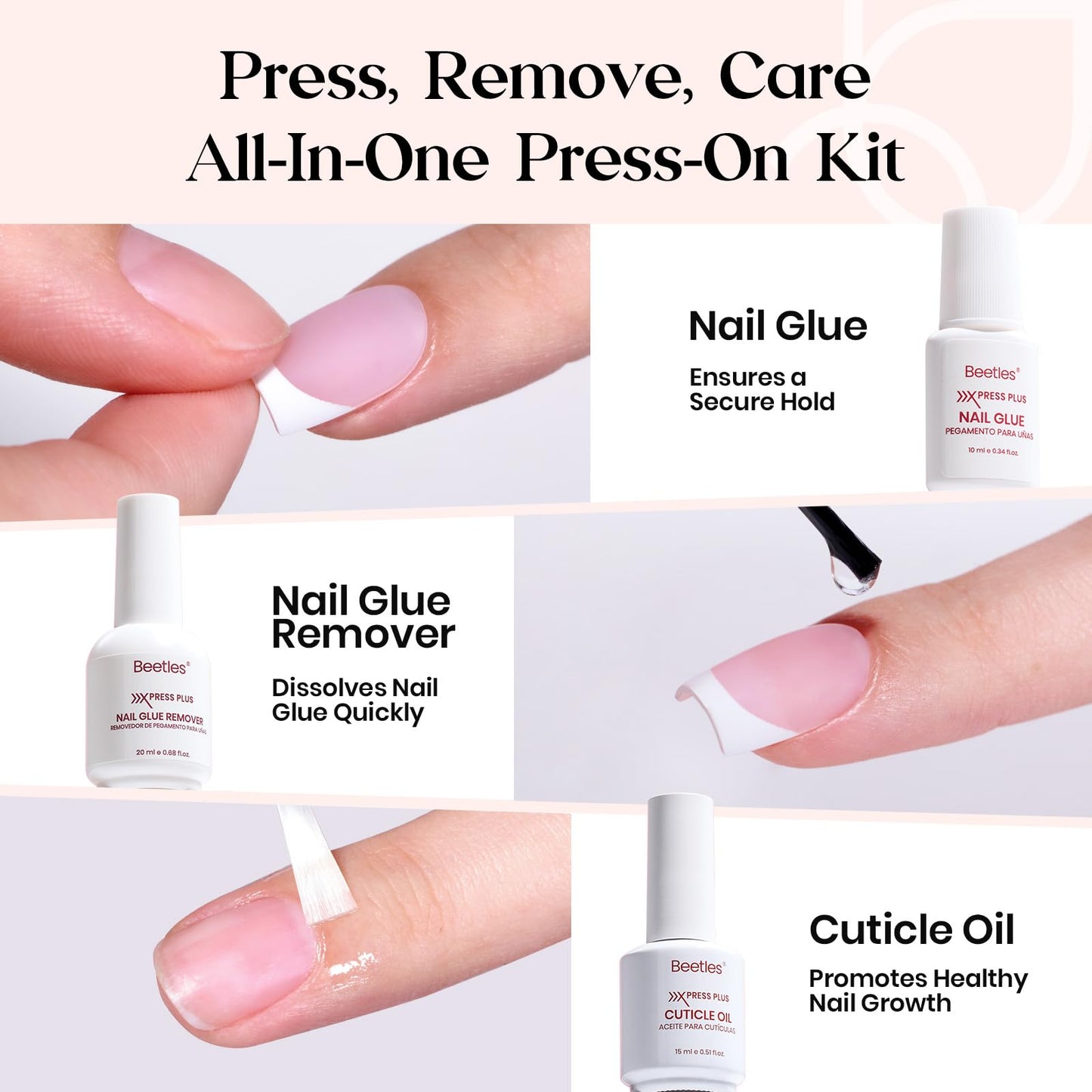 Beetles X Press Plus Gel Nails Kit – Peach French & Pink Extra Short Square Tips (210 Pcs All-in-One)