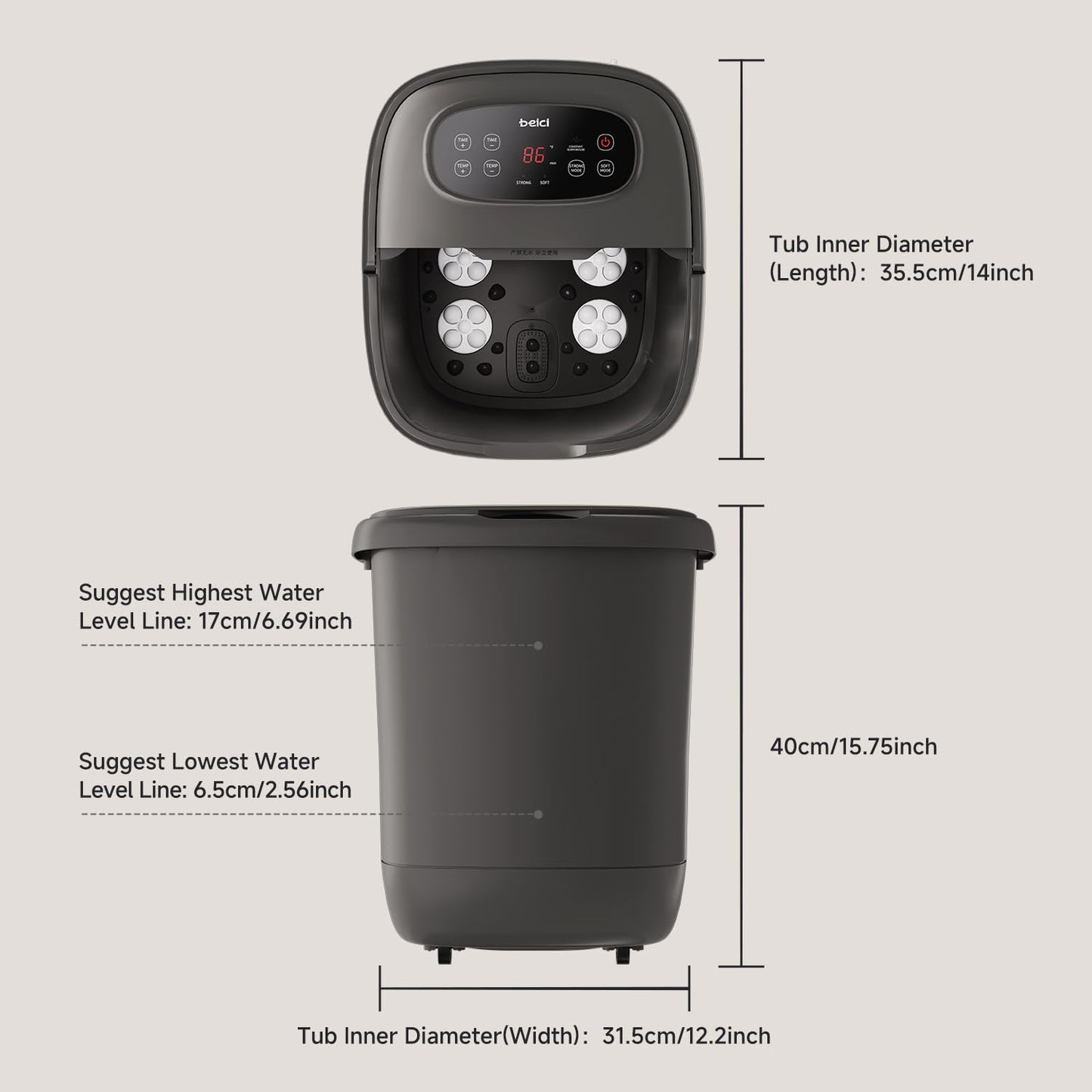 Beici High Depth 14in Foot Spa — PTC Heating, 6 Massage Balls, Timer + Temp Control